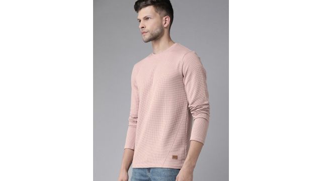 Roadster Men Pink Self-Design T-shirt