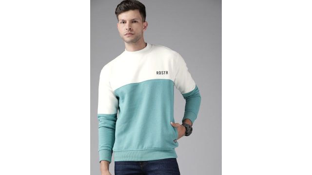 Roadster Men White & Sea Green Colourblocked Sweatshirt
