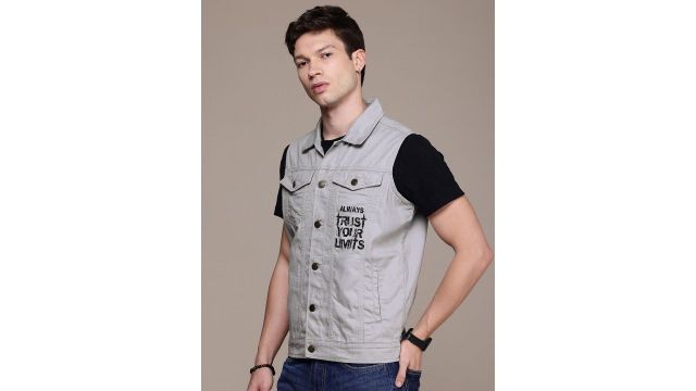 Roadster The Life Co. Pure Cotton Typography Printed Sleeveless Denim Jacket