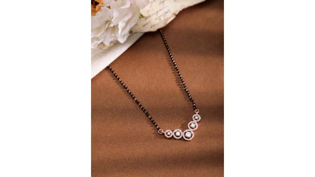 Rubans 18K Rose Gold Plated Cubic Zirconia Studded Black Beaded Mangalsutra