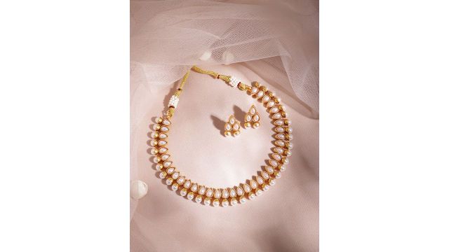 Rubans 22K Gold-Plated Ruby Stone Studded Choker Necklace Set with Gold Beads