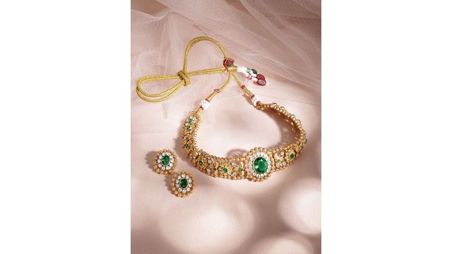 Rubans 24K Gold Plated Handcrafted Emerald & Cubic Zirconia Studded Choker Jewellery Set