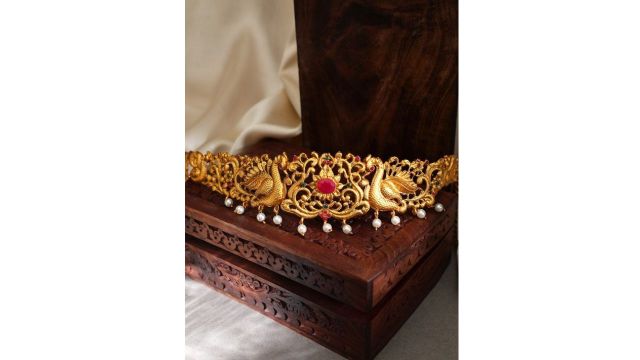 Rubans 24K Gold Plated Ruby with Peacock Motif Waist Chain Kamarbandh