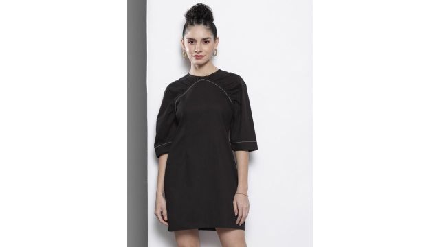 SASSAFRAS Black Power Shoulder Pure Cotton A-Line Dress