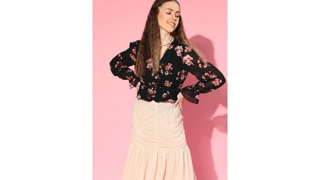 SASSAFRAS Black & White Floral Print Bishop Sleeves Georgette Wrap Top