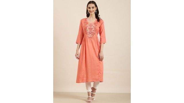 SHOWOFF Floral Embroidered Cotton Anarkali Kurta
