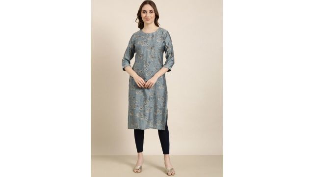 SHOWOFF Floral Printed Three-Quarter Sleeves Foil Print Sequinned Kurta