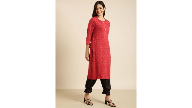 SHOWOFF Round Neck Geometric Indie Printed Straight Kurta
