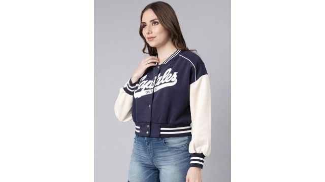 SHOWOFF Typography Printed Windcheater Cotton Crop Bomber Jacket