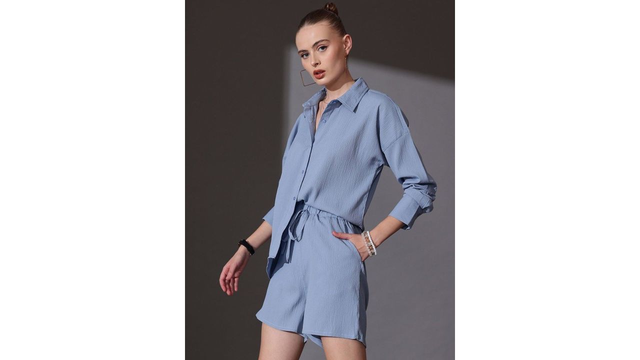 STREET 9 Self Design Shirt Collar Neck Shirt With Shorts Co-Ords