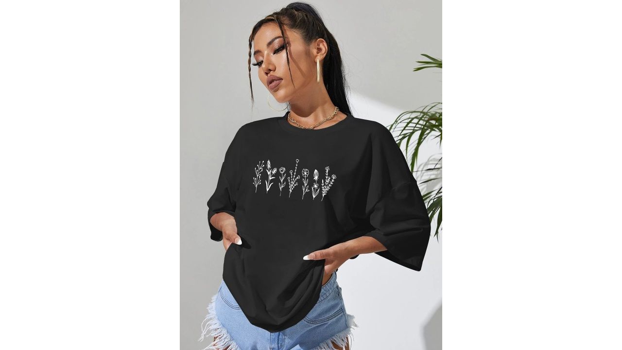 SZN Floral Printed Round Neck Oversized Cotton T-shirt