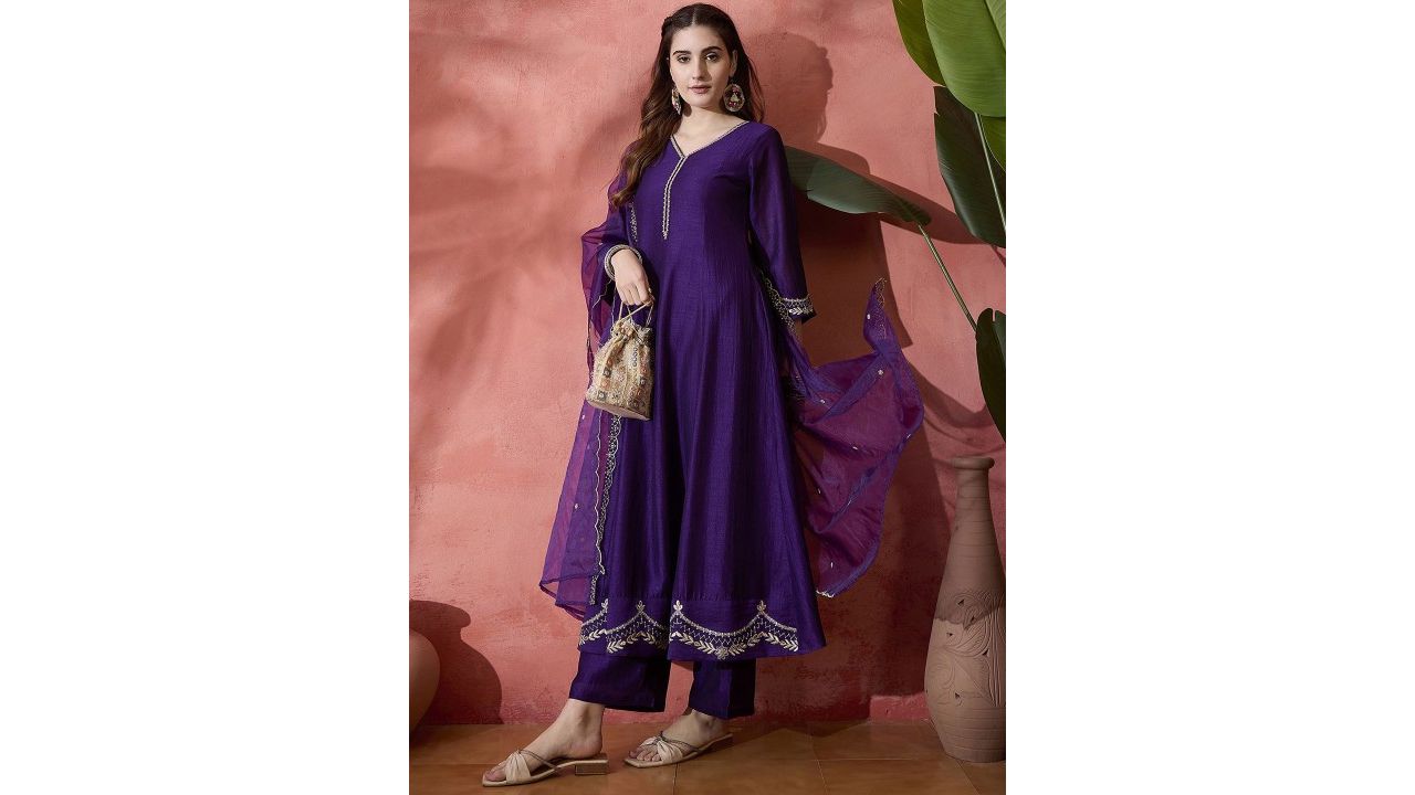 Sangria Floral Embroidered V-Neck A-Line Kurta With Trousers & Dupatta