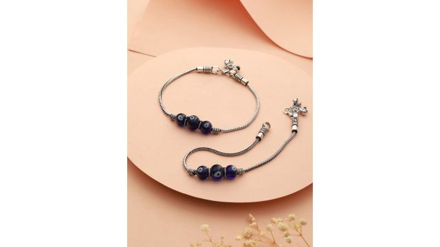 Saraf RS Jewellery Set Of 2 Silver-Plated & Beaded Evil Eye Anklet