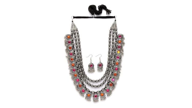 Shining Diva Fashion Latest Stylish Fancy Oxidised Silver Tribal Necklace Jewellery Set