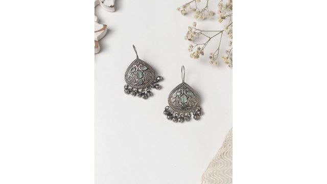 TEEJH Silver-Toned Contemporary Oxidised Drop Earrings