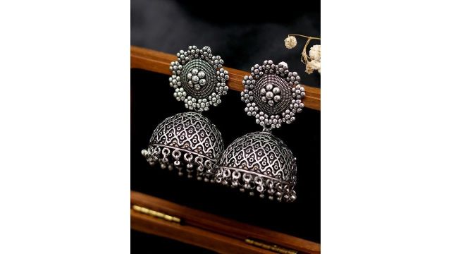 TEEJH Silver-Toned Dome Shaped Jhumkas Earrings