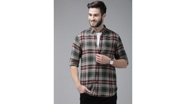 THE BEAR HOUSE Men Grey Slim Fit Tartan Checks Checked Casual Shirt