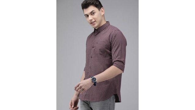THE BEAR HOUSE Men Maroon & Pink Slim Fit Gingham Checked Cotton Shirt