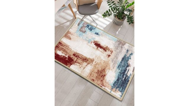 URBAN SPACE Beige & Blue Abstract Printed Anti-Skid Carpet