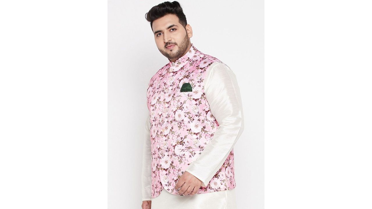 VASTRAMAY Men Plus Size Pink Printed Nehru Jackets