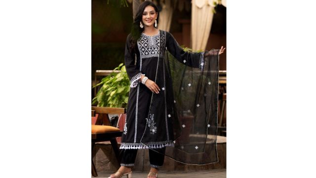 Varanga Ethnic Motif Thread Embroidered A-Line Kurta With Afghani Trousers & Dupatta