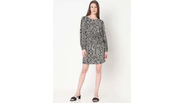 Vero Moda Geometric Printed Round Neck Long Sleeves Mini Fit & Flare Dress