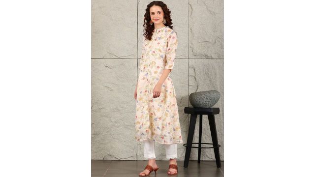 W Women Floral Printed Keyhole Neck Gotta Patti Kurta