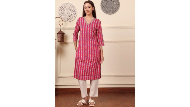 W Women Geometric Printed Thread Work Kurta