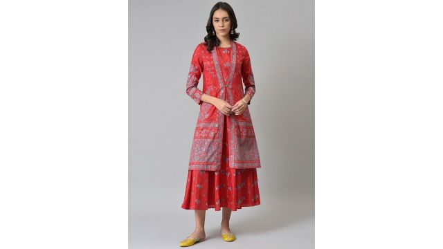W Women Red & Blue Printed Layered Ethnic Midi Dress