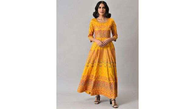 W Women Yellow & Pink Printed Polyester Ethnic Maxi Dress
