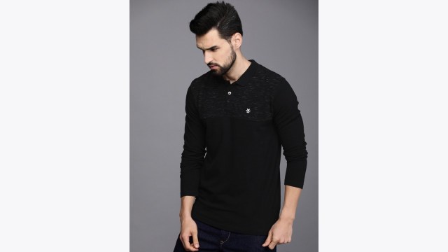 WROGNMen Black Polo Collar Slim Fit Pure Cotton Casual T-shirt