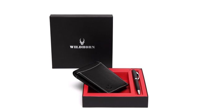 WildHorn Men Black Genuine Leather Wallet Gift Set