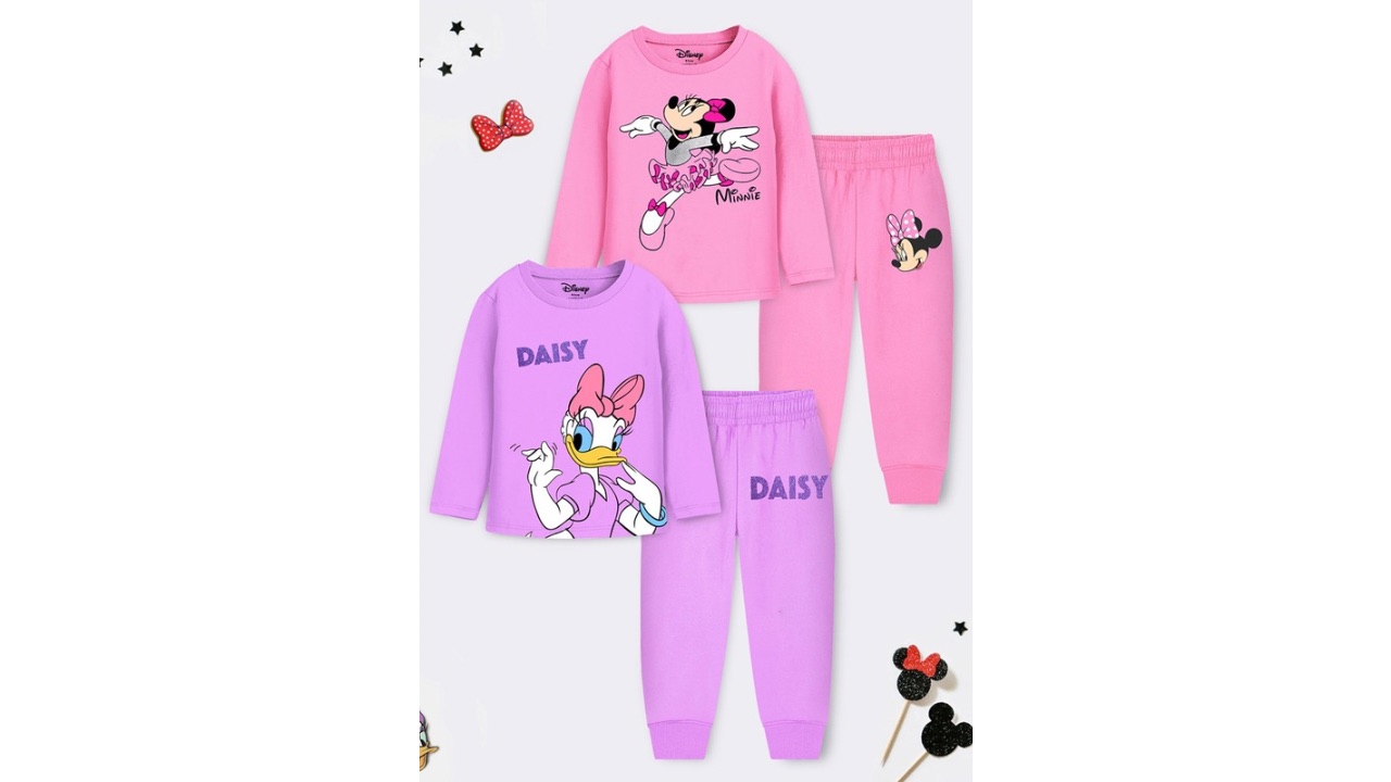 YK DisneyGirls Pack of 2 Minnie and Daisy Duck Printed T-shirt with Pyjamas