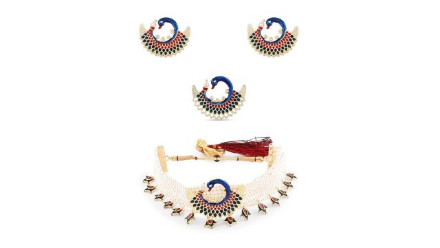 ZAVERI PEARLS Multicolor Meenakari Peacock Inspired Set