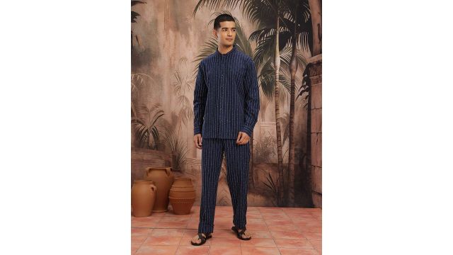 sangria Vertically Striped Band Collar Pure Cotton Straight Kurta with Trousers