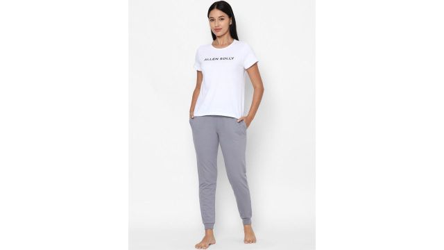 ALLEN SOLLY Woman Grey Solid Pure Cotton Slim-Fit Lounge Joggers