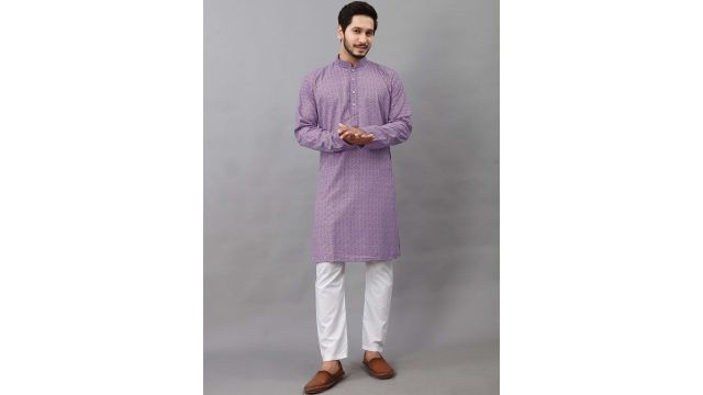 ALMORA Men Ethnic Motifs Embroidered Mirror Work Kurta (Lavender)