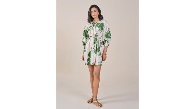 AND Floral Print Tie-Up Neck Puff Sleeve A-Line Dress
