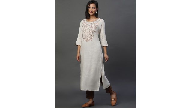 AURELIA Floral Printed Thread Work Round Neck Dyed Straight Kurta