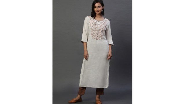 AURELIAFloral Printed Thread Work Round Neck Dyed Straight Kurta