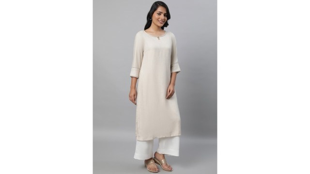 AURELIAKeyhole Neck Lace Inserted Straight Kurta