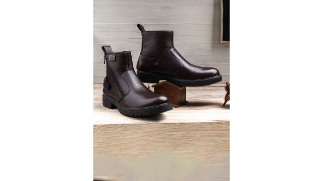 Allen Cooper Men Textured Buckle Leather Mid‑Top Biker Boots