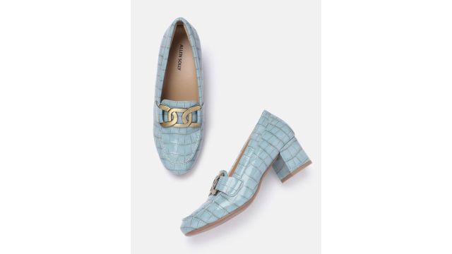 Allen Solly Croc‑Textured Embellished Block Pumps (Blue)