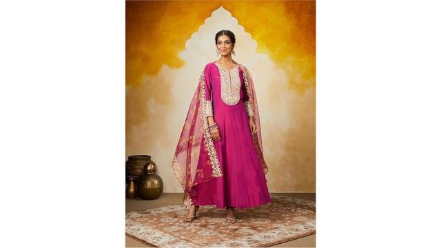 Amazon Brand - Myx Women's Embroidered Anarkali Kurta Pant Set with Organza Dupatta