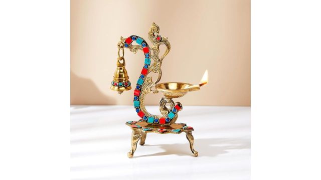 Amazon Brand Solimo - Gemstone Work Brass Peacock Diya with Bell