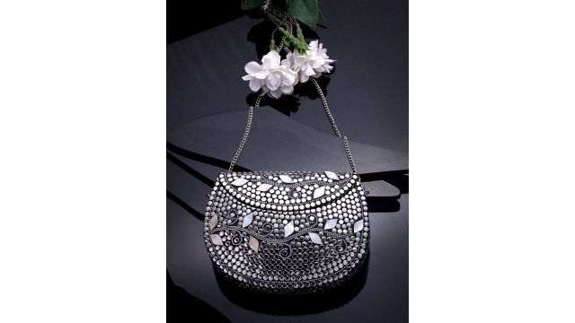 Anekaant Mosaic Silver & Pearl Embellished Half‑Moon Clutch