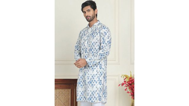 Anouk Blue Geometric Embroidered And Printed Kurta