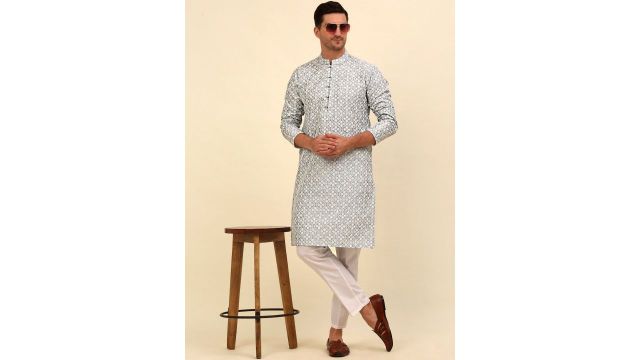 Anouk Grey Floral Embroidered Chikankari Kurta with Pyjama