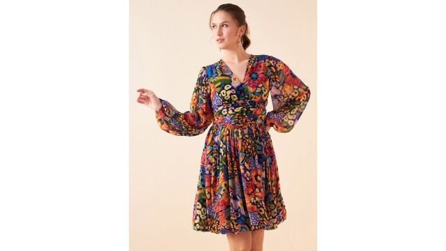 Antheaa Abstract Printed V‑Neck Puff Sleeves Fit & Flare Above‑Knee Dress