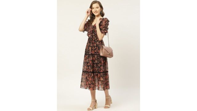 Antheaa Black & Rust Orange Floral Tiered Midi Fit & Flare Dress with Ruffles